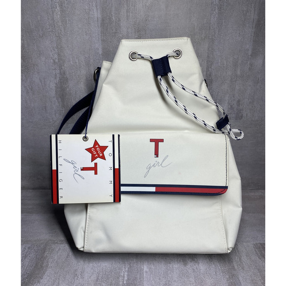 Tommy Hilfiger T Girl Bag Womens White Red Blue Drawstring Bucket Purse Strap - Picture 1 of 16